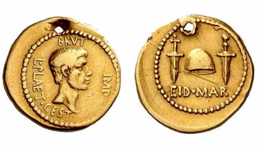 The famed Ides of March coin: One side features a portrait of Brutus, and the other side two daggers, (Numismatica Ars Classica)