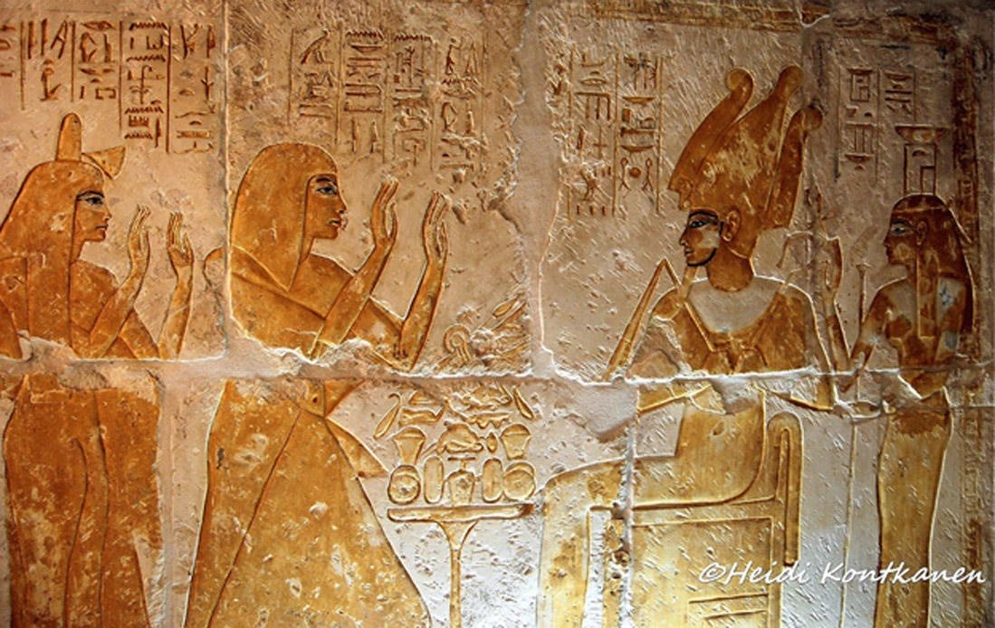 No cost was spared in fashioning a sumptuous resting place for Maya and his wife Merit. The couple adores Osiris and Nephthys in this stunning gold painted relief in their Memphite tomb.