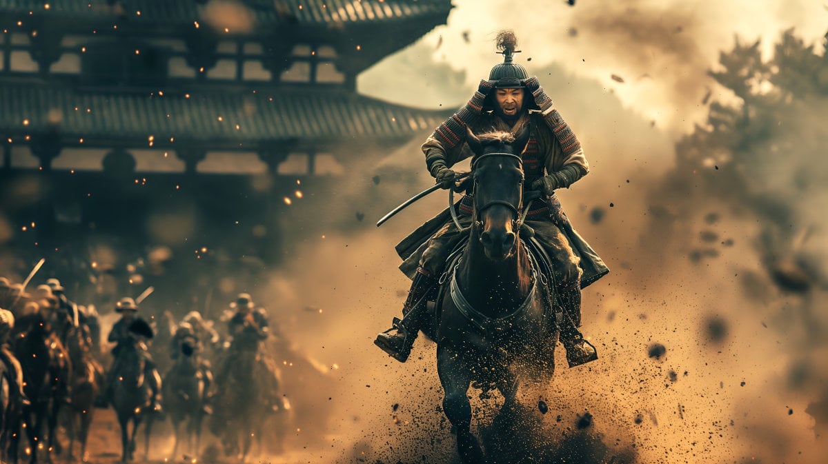 AI image of Japanese samurai riding a horse in battle. 