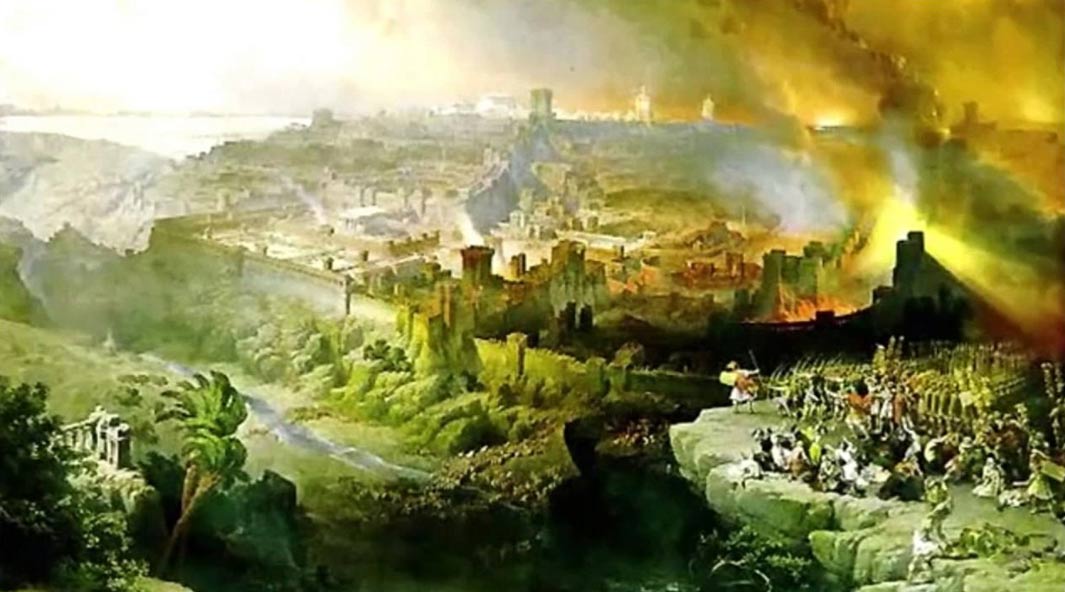The Siege and Destruction of Jerusalem by the Romans Under the Command of Titus, A.D. 70, by David Roberts (1850), shows the city burning. 