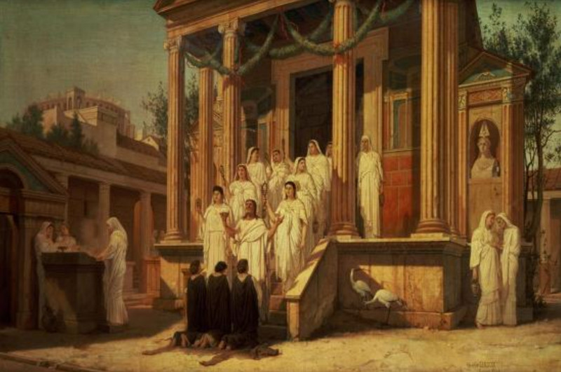 Vestal Virgins at the temple steps by Lous Hector Leroux ca. 1900.