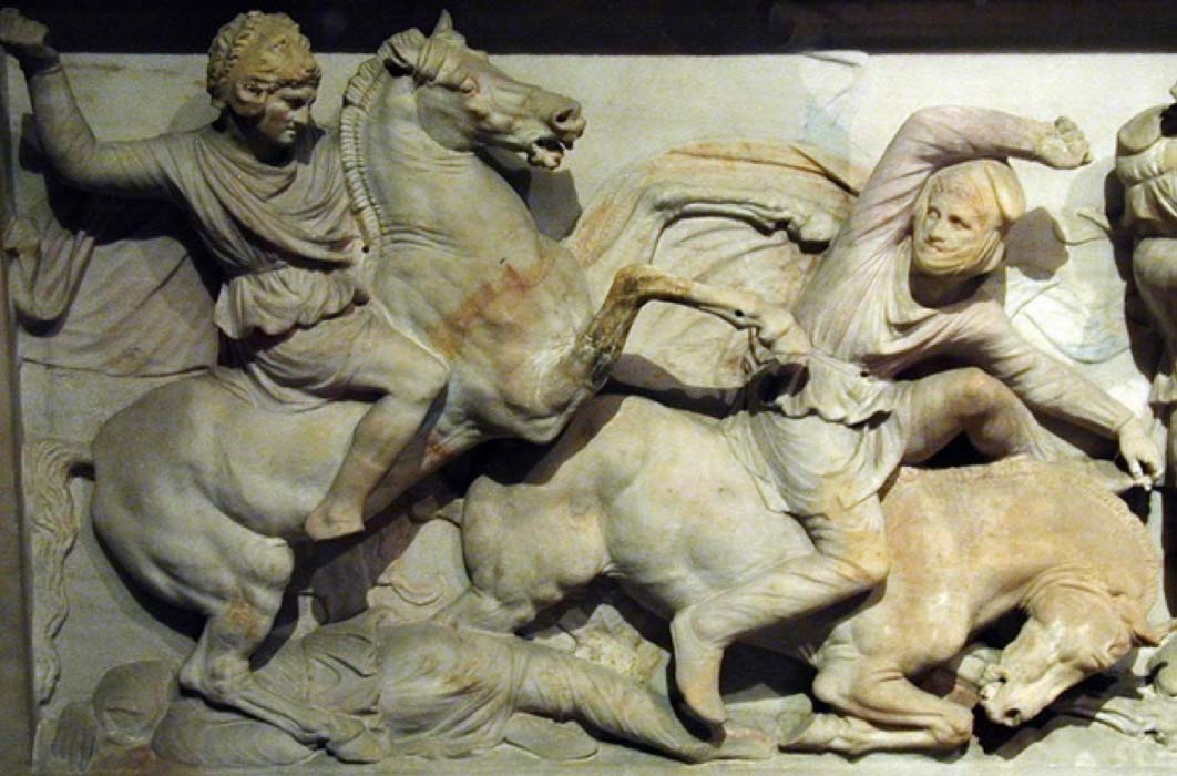 Alexander on horse at the battle of Issos. Alexander Sarcophagus, Istanbul Archaeological Museum. (CC BY-SA 3.0)
