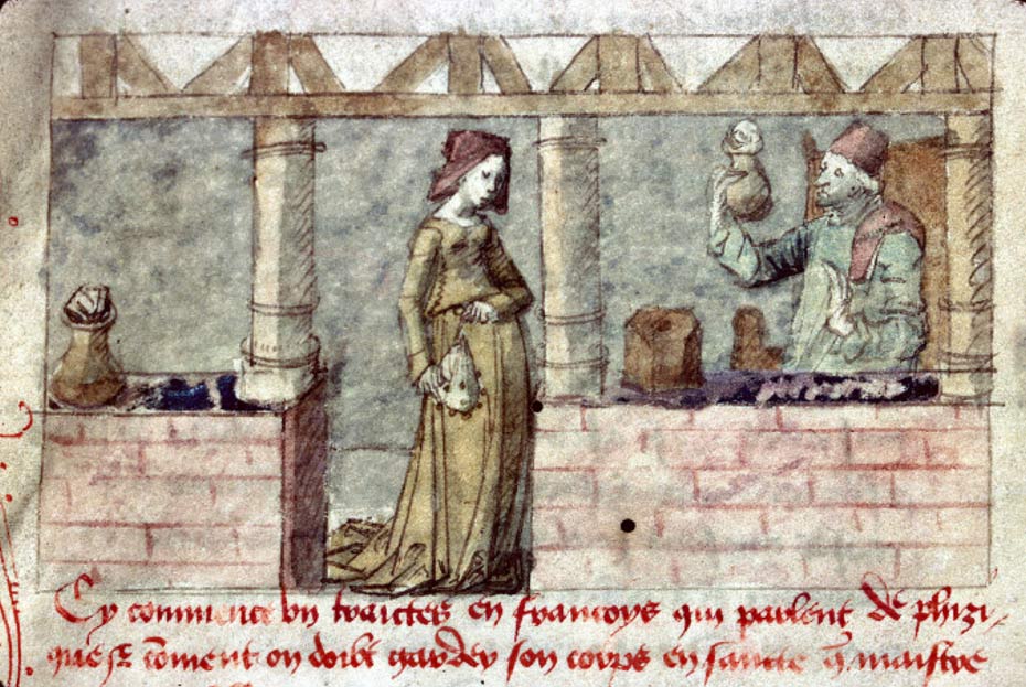 A woman seeks healing compounds at a French apothecary, 15th century illustration. 