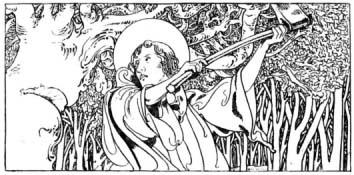 A depiction of Boniface destroying Thor's oak from The Little Lives of the Saints (1904), illustrated by Charles Robinson. (Public Domain)