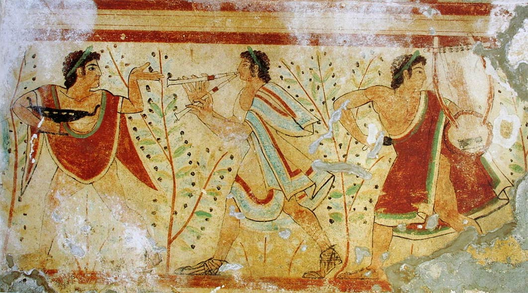 Etruscan painting; dancer and musicians, Tomb of the Leopards, Tarquinia, Italy (Public Domain)