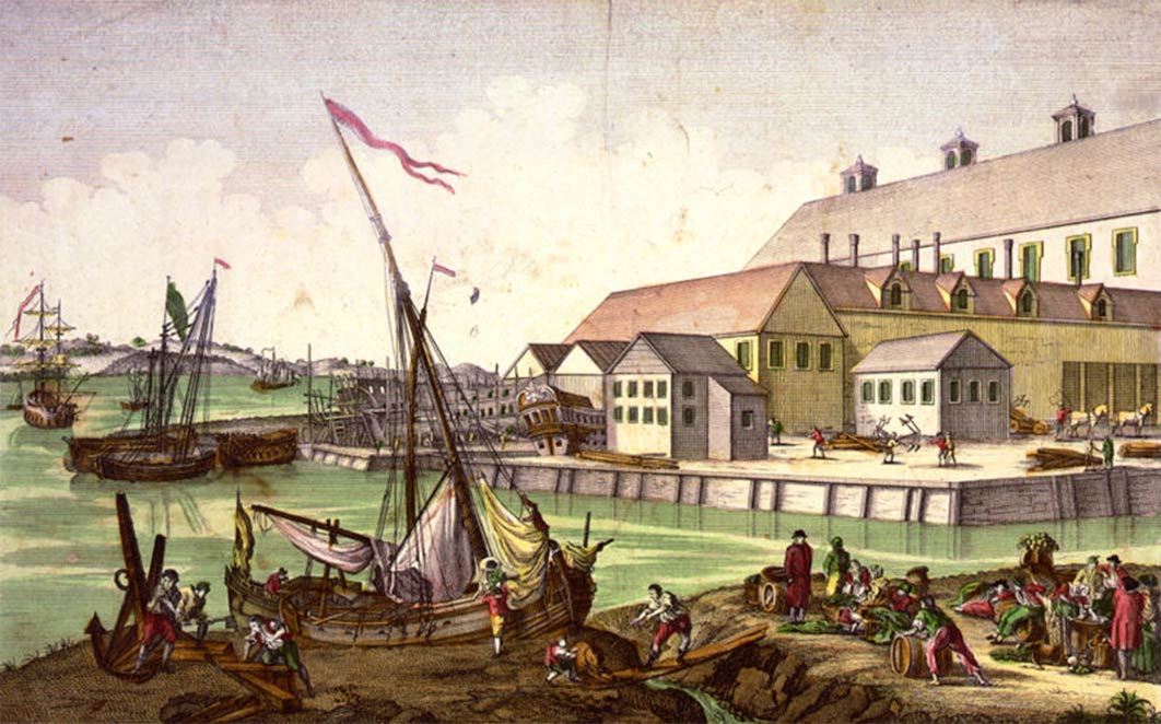 People working on the Salem waterfront wharf, Massachusetts, where supernatural thinking spilled into the Salem witch trials of 1692 and 1693 by Balthasar Friedrich Leizelt. (1770-) (Public Domain)