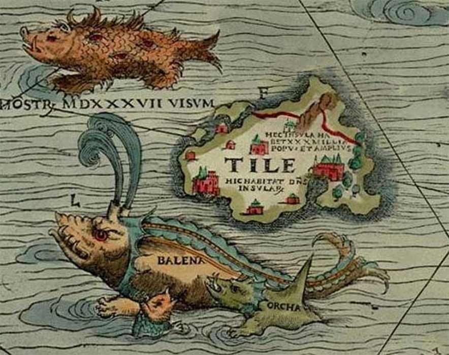 Thule, as “Tile” on Olaus Magnus´ 1539 AD Carta Marina of 1539, located to the northwest of the Orkney islands with the words "monster, seen in 1537”, a whale, or balena and an orca. (Public Domain).