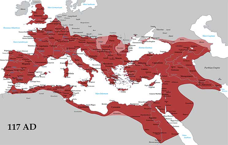 Map showing the Roman Empire (red) and its clients (pink) in 117 AD, during the reign of Emperor Trajan. (Public Domain).
