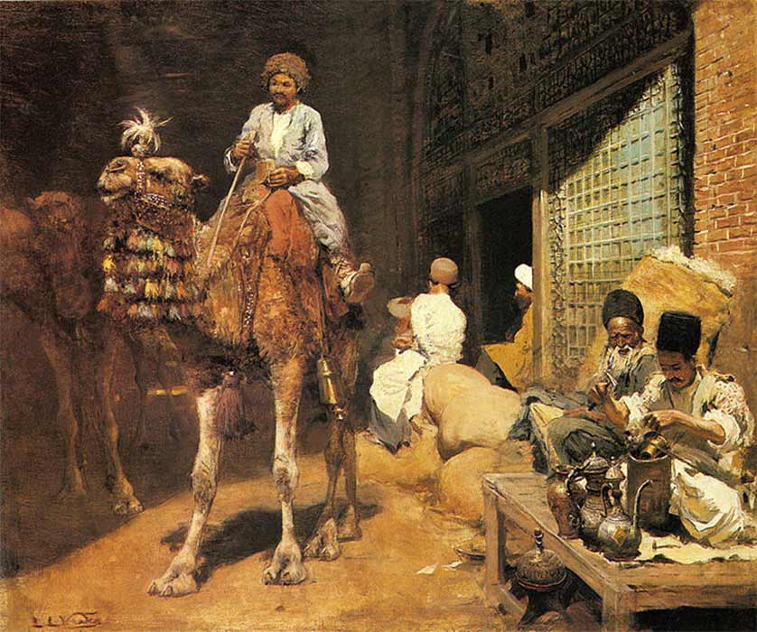 Domesticated camels gave rise to trade opportunities. A Marketplace in Ispahan by Edwin Lord Weeks (1849 – 1903) (Public Domain)
