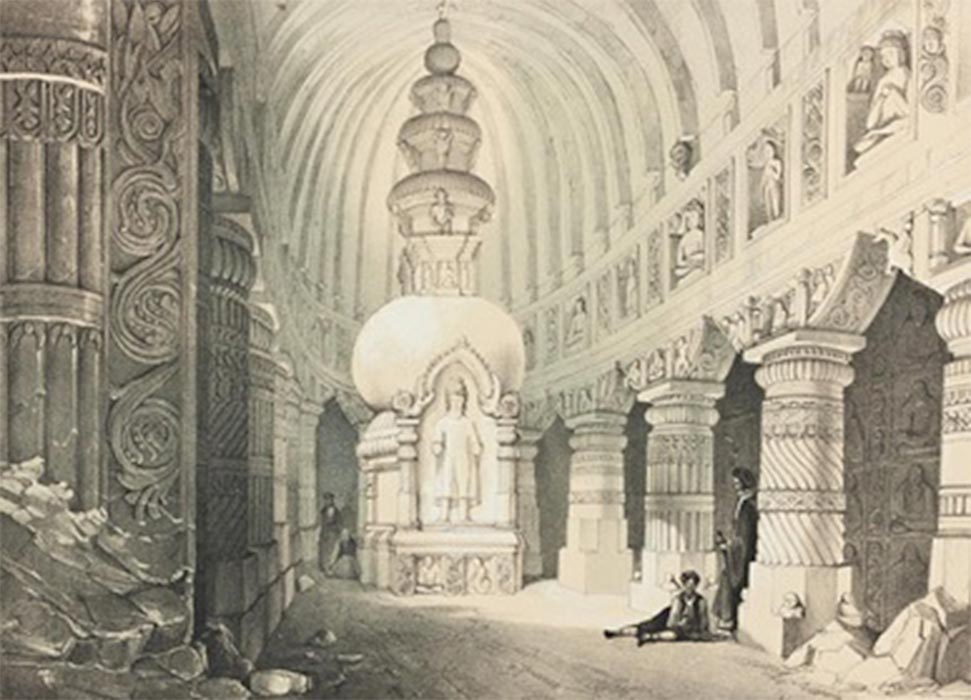 Sketch of the interior of Ajanta cave 19 (the big chaitya) by James Fergusson (1808-1886). (Public Domain)