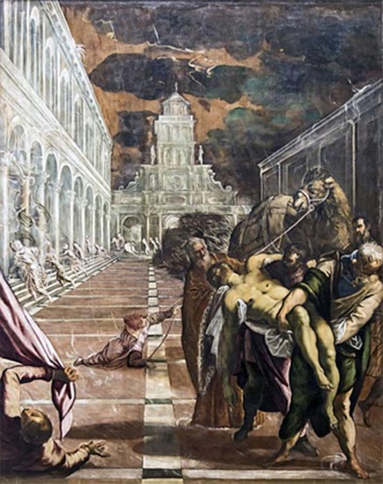 Venetian merchants with the help of two Greek monks take Mark the Evangelist's body to Venice, by Jacopo Tintoretto (1562) (Public Domain)