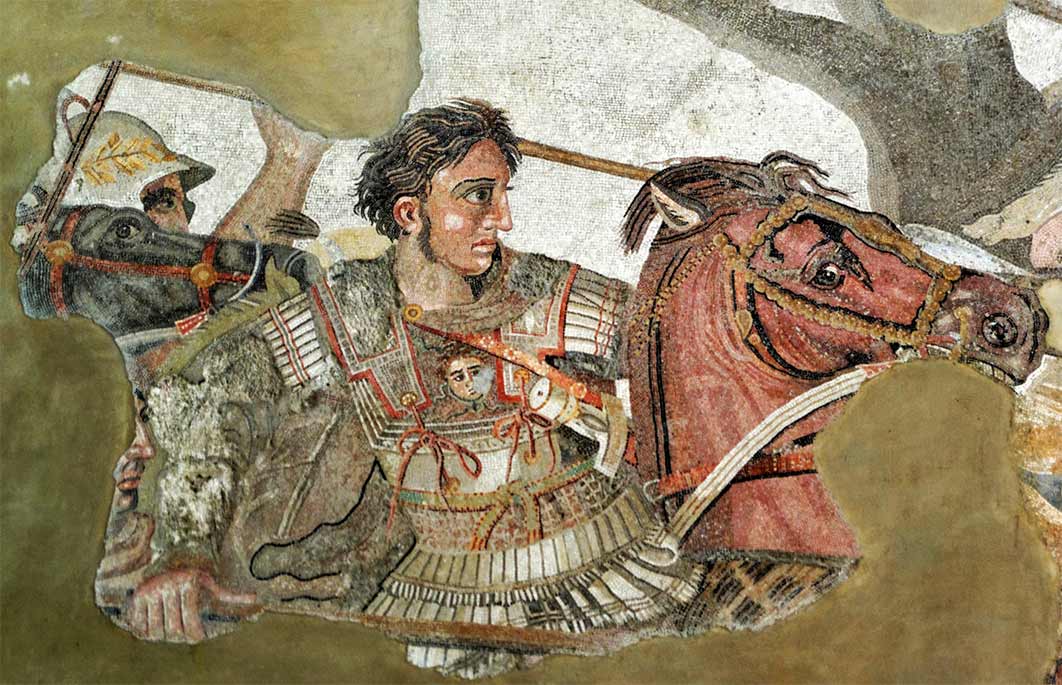 Alexander depicted on a mosaic from the House of the Faun, Pompeii, in an alleged imitation of a Philoxenus of Eretria or Apelles' painting, fourth century BC. (Public Domain)