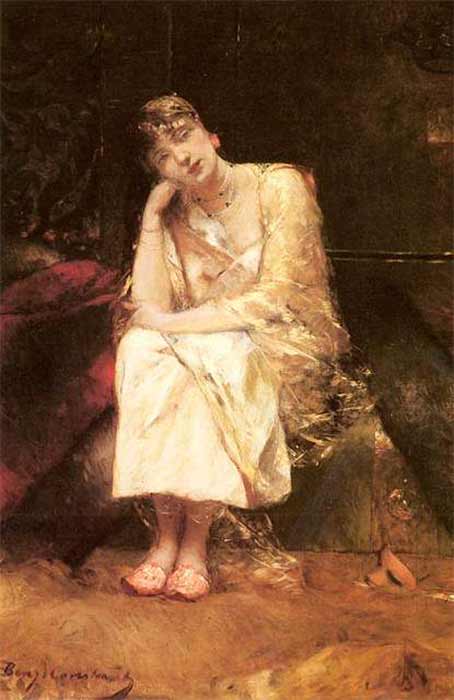 Young woman Contemplating, with a mask lying at her feet by Benjamin-Constant (Public Domain)