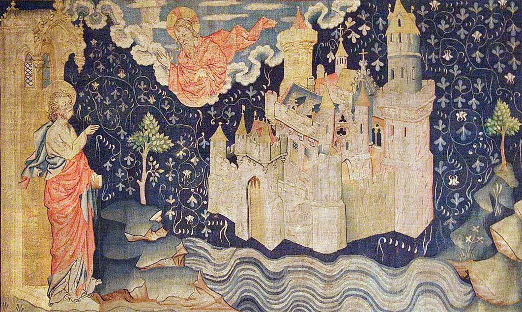 John of Patmos watches the descent of New Jerusalem from God in a 14th-century tapestry ( Octave 444  /CC BY-SA 4.0)