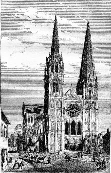 Vintage engraving of Chartres Cathedral ( Morphart / Adobe Stock)