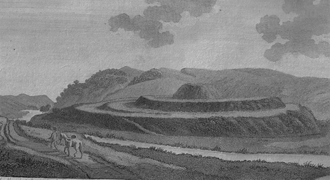 Motte of Urr in Dumfries & Galloway, Scotland, near Dalbeattie in ‘Francis Grose Antiquities of Scotland’ by Roger Griffith (1797) It was the great judicial center of the Kings of Galloway, covering the lands below the waters of the River Cree (Public Domain)