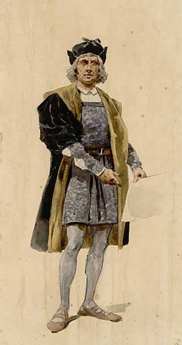 Colombo (baritono), costume design for ‘Cristoforo Colombo act 1’ by Adolfo Hohenstein (1918) (Archivio Storico Ricordi / CC BY-SA 4.0)