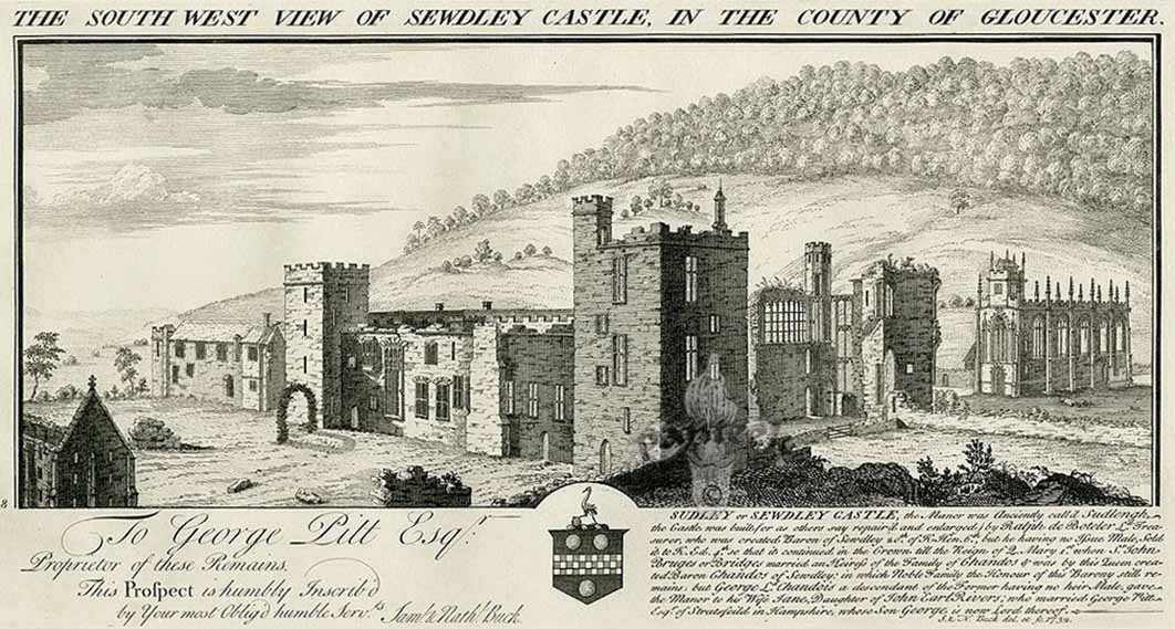 Engraving of Sudeley Castle in 1732, showing the ruinous inner court, and still occupied outer court. (Public Domain)