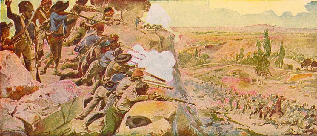 Guerrilla warfare during the Peninsular War, by Roque Gameiro, depicting a Portuguese guerrilla ambush against French forces (1917) (Public Domain)