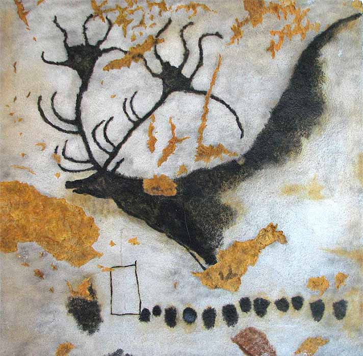 Replica of the rutting “Black Stag” with his full autumn antler set, neck raised, and hot breath calling in the cows during a cool morning. He rides on a series of 13 black dots that lead to a box. This 13-count may be the lunar phases leading up to the full moon at the box. (Public Domain)