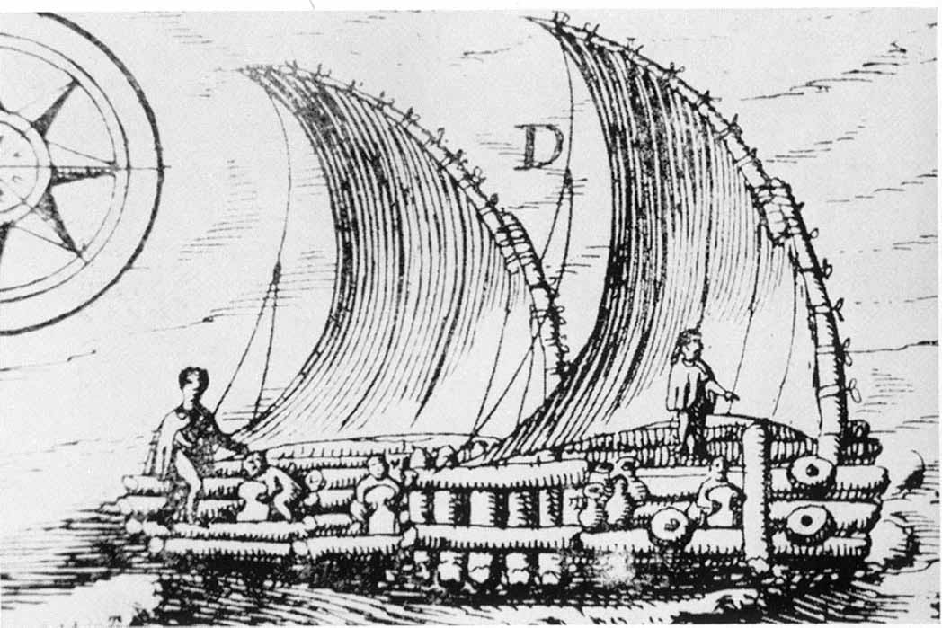 A drawing of a raft (balsa) near Guayaquil, Ecuador in 1748. The drawing resembles the description given by 16th-century Spanish explorers of the rafts used by Indians. (Public Domain)