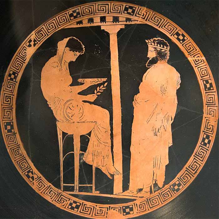 King Aegeus consulting the Pythia at the Oracle of Delphi. Attic red-figure kylix from Vulci, Italy (440-430 BC) Altes Museum, Berlin (Zde/ CC BY-SA 4.0)