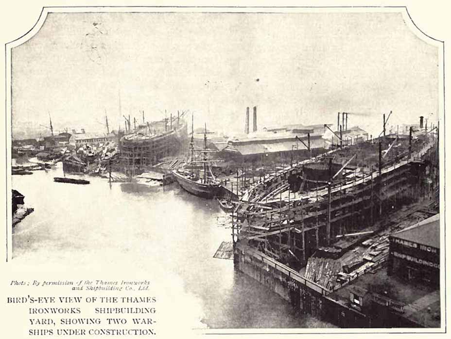 Two warships being constructed at the Thames Ironworks and Shipbuilding Company. (Public Domain)