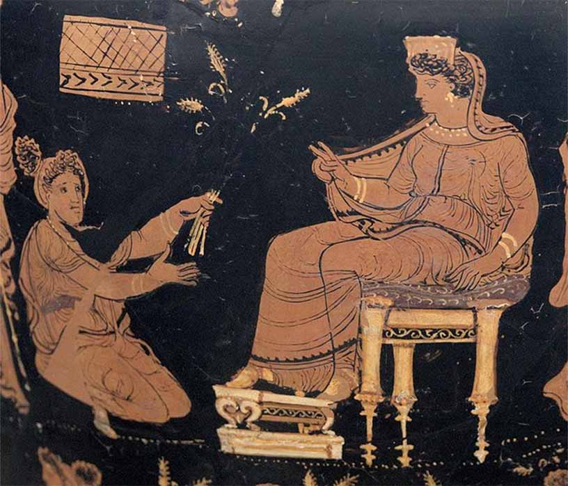 Demeter (left) handing ears of wheat to Metanire, the queen of Eleusis (Public Domain)