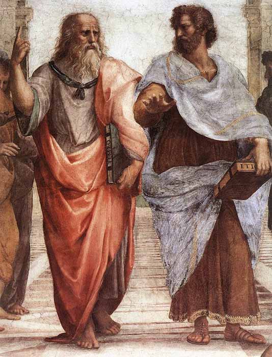 An elder Plato walks alongside a younger Aristotle, detail of Raphael’s School of Athens (1509 -1511) (Public Domain)