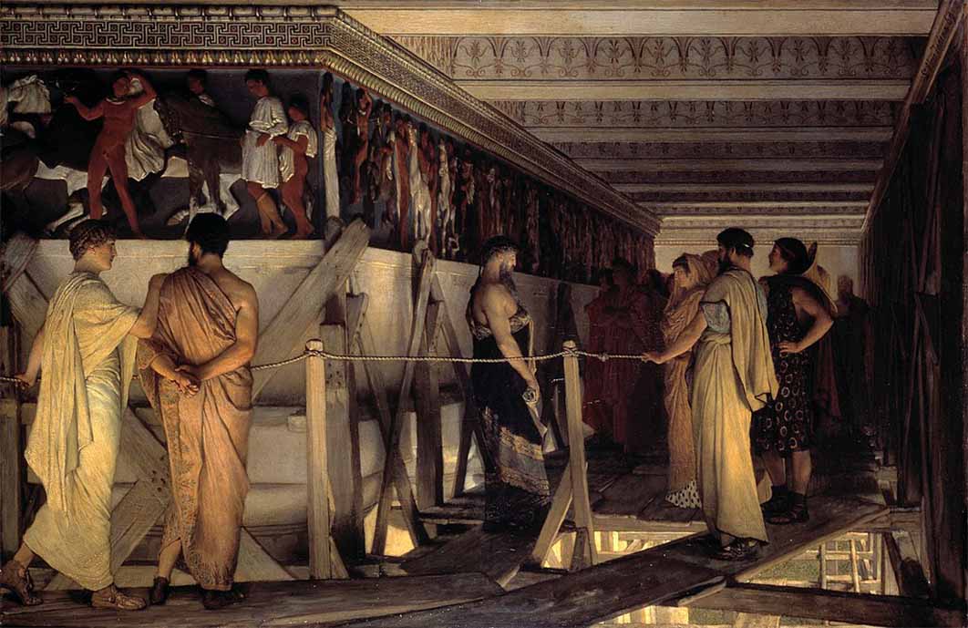 Young Alcibiades with his hand on a friend’s shoulder, and Pericles and his mistress Aspasia admiring sculptor Phidias’ Parthenon frieze, by Sir Lawrence Alma-Tadema (1868) Birmingham Museum & Art Gallery (Public Domain)