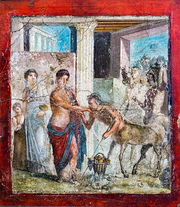 Hippodameia greeted by a seemingly genteel Centaur in a wall painting from Pompeii (ArchaiOptix/ CC BY-SA 4.0)