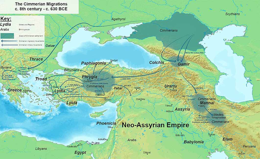 The Cimmerian migrations across West Asia, Assyria and into Europe (CC BY-SA 3.0)