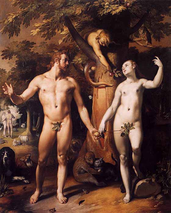 The Fall of Man showing the serpent in the Garden of Eden as a woman, by Cornelis van Haarlem (1592) (Public Domain)