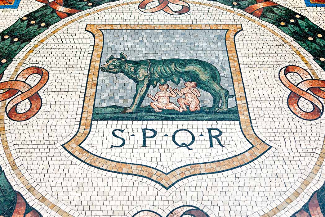 Mosaic of Romulus and Remus, founders of Rome. Vittorio Emanuele Gallery (Luciano Mortula-LGM/ Adobe Stock)