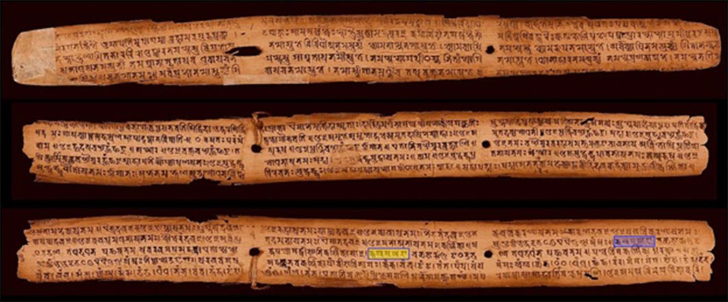 This is one of the oldest surviving and dated palm-leaf manuscript in Sanskrit (828 AD). Discovered in Nepal, the bottom leaf shows all the vowels and consonants of Sanskrit (the first five consonants are highlighted in blue and yellow).( Ms Sarah Welch / CC BY-SA 4.0)