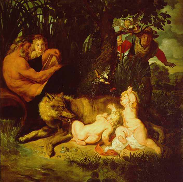 Romulus and Remus being cared for by a wolf,  the god of the Tiber river sitting on his urn, a woodpecker that brought them food, and a shepherd discovering the infants,  by Peter Paul Rubens (1615) Pinacoteca Capitolina in Rome (Public Domain)