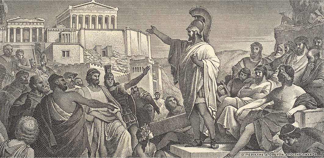 Pericles delivering his famous Funeral Oration at the end of first year of the Peloponnesian War ( vkilikov/ Adobe Stock)