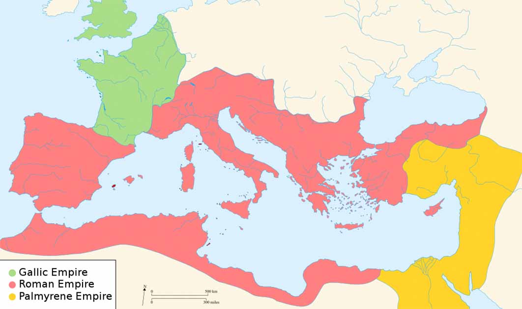 Map of the Roman Empire around the year of the consulship of Aurelianus and Bassus (271 AD), with the breakaway Gallic Empire in the West and the Palmyrene Empire in the East. (CC BY-SA 3.0)