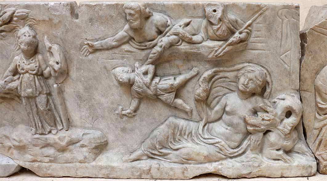 Ancient Roman reliefs of Hera casting Hephaestus from Olympus and Thetis reclining.  Museo Ostiense Ostia Antica (Public Domain)