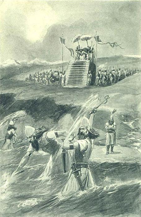 An artist's illustration depicting Xerxes' alleged "punishment" of the Hellespont (1909) (Public Domain)