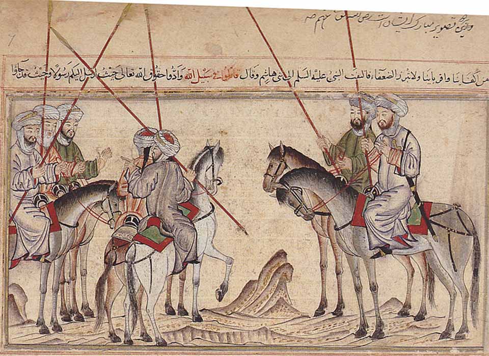Early 14th century depiction of Prophet Muhammad encouraging his family before the Battle of Badr, a showdown with the Quraysh tribe .Tabriz Khalili Collection (Public Domain)