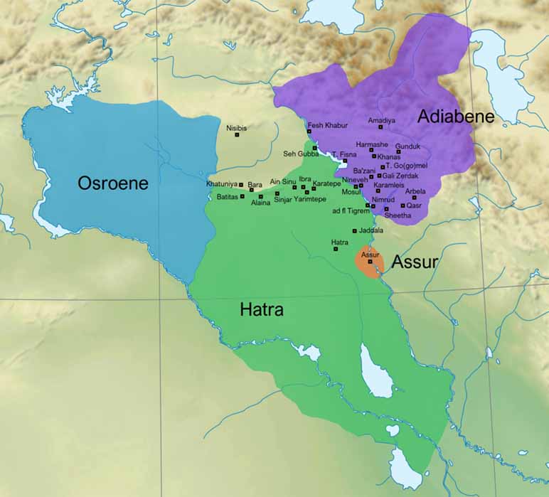 Approximate map of the kingdom of Hatra (green) and other Parthian Mesopotamian vassal kingdoms (circa AD 200) (Ichthyovenator / CC BY-SA 4.0)