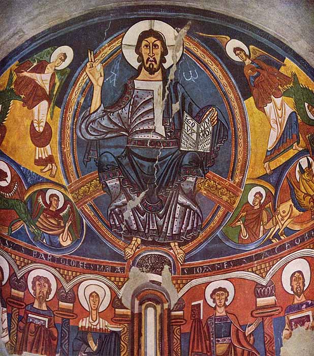Christ the Pantocrator by the Master of Taüll, with the Lady holding the flaming Graill below his right foot (Public Domain)