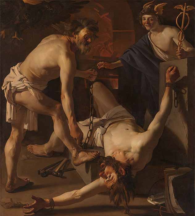 Hephaestus bounds Prometheus for gifting fire to humans, by Dirck van Baburen (1623) (CC0)