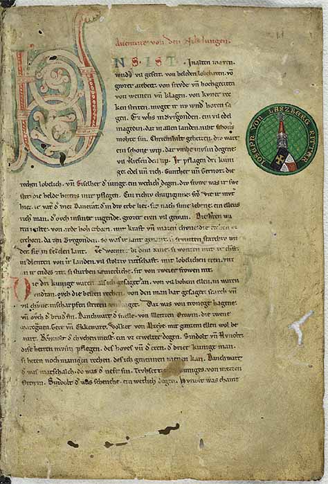 First page from Nibelungenlied Manuscript C (c. 1230) (Public Domain)