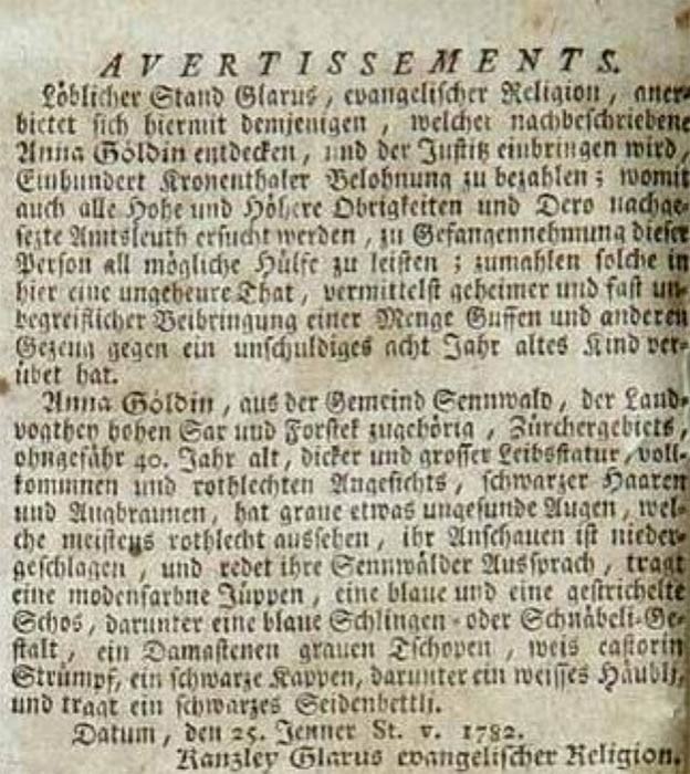 Advertisement of reward for Anna Göldi's capture in Zürcher Zeitung. (Public Domain)