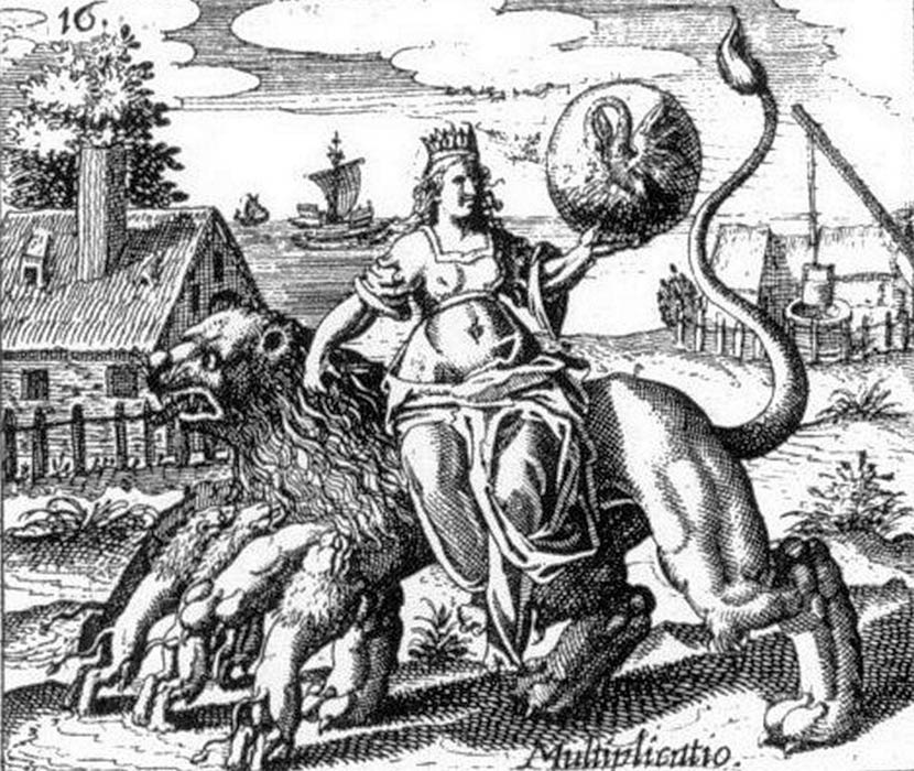 Multiplicatio’ emblem from Philosophia Reformata, by Johann Daniel Mylius, 1622. In this image “multiplication” is illustrated with a pelican and a lion feeding their young. (Public Domain)