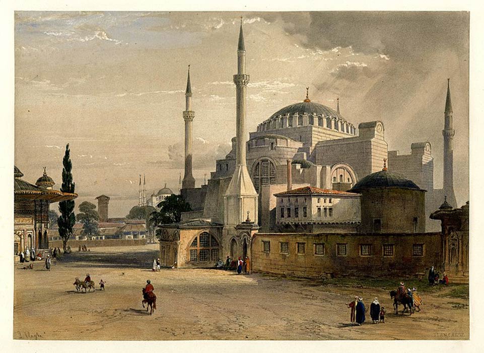 View is from the Imperial Gate of Topkapı Palace, with the Fountain of Ahmed III on the left. (1852 lithograph) (Public Domain)