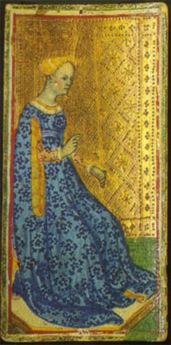 The Queen of Staves from the Visconti-Sforza deck. Attributed to Bonifacio Bembo (15th century). (Public Domain)