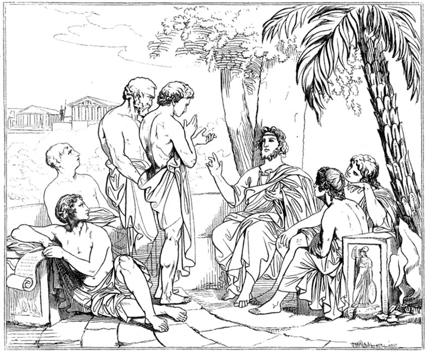 Plato in his academy, drawing after a painting by Swedish painter Carl Johan Wahlbom (Public Domain)